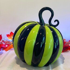 Halloween 12"  Green and Black Striped resin pumpkin for indoor/ outdoor use